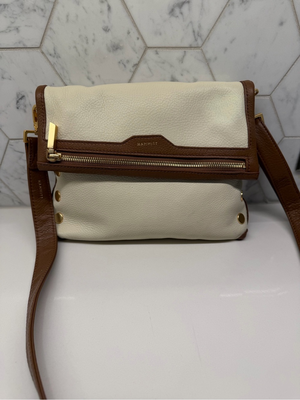 Hammitt Cream and Brown Leather Foldover Crossbody